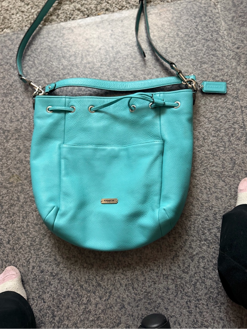 Coach Turquoise Pebbled Leather Drawstring Shoulder Bag